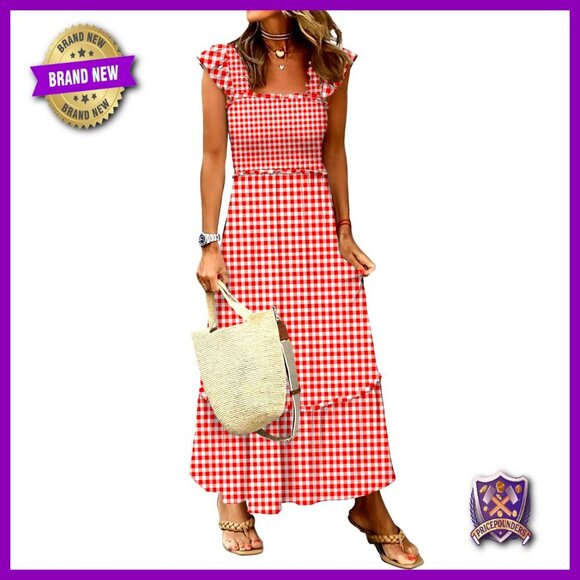Dresses & Skirts - Sleeveless Maxi Dress Square Neck Smocked Boho Casual Ruffle Strap Flowy A-Line